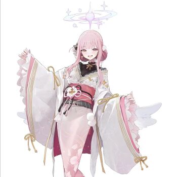 Rule 34 | 1girl, :d, alternate costume, alternate hairstyle, angel, angel wings, arrow cross, black bow, blue archive, blue halo, blunt bangs, bow, bow earrings, breasts, cherry blossom print, chinese commentary, cleavage, commentary request, cross, double bun, earrings, feet out of frame, floral print, floral print kimono, frilled kimono, frilled sleeves, frills, furisode, gradient clothes, gradient halo, gradient kimono, hair bow, hair bun, hair ornament, hair up, half crown braid, halo, hands up, japanese clothes, jewelry, kimono, lace, lace-trimmed kimono, lace trim, long sidelocks, long sleeves, low wings, making-of available, merchandise available, mika (blue archive), modare, multicolored halo, obi, obijime, open mouth, pink hair, pink kimono, pink sash, pom pom (clothes), pom pom hair ornament, print kimono, purple halo, ribbon-trimmed sleeves, ribbon trim, sash, shirt, side ahoge, sidelocks, simple background, single earring, smile, solo, standing, turtleneck, turtleneck shirt, undershirt, white background, white kimono, white wings, wide sleeves, wings, yellow eyes, yellow sleeves