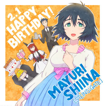 2boys 2girls alternate_costume animal_ears aqua_eyes beard_stubble black_hair blue_skirt bob_cut brown_hair butler collar commentary_request enbutlered english_text enmaided facial_hair fake_animal_ears frilled_collar frills hair_between_eyes hand_on_own_chest happy_birthday hashida_itaru hat high-waist_skirt highres long_hair looking_at_viewer maid makise_kurisu mayqueen_maid_uniform multiple_boys multiple_girls necktie okabe_rintarou open_mouth pink_collar pink_sash pink_trim pleated_skirt puffy_short_sleeves puffy_sleeves purple_eyes r0_wen_l ringed_eyes sash science_adventure shiina_mayuri shirt short_hair short_sleeves skirt smile steins;gate steins;gate_0 stubble tail very_long_tail very_short_hair vest waist_sash white_shirt winter_clothes yellow_hat