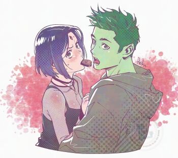Rule 34 | 1boy, 1girl, annoyed, beast boy (dc), black choker, black lips, black tank top, blush, candy, chocolate, chocolate heart, choker, colored skin, confused, couple, dc comics, embarrassed, fishnet top, fishnets, food, forehead jewel, gem, gothic punk, green eyes, green hair, green skin, grey hoodie, heart, heart-shaped food, hood, hoodie, imminent kiss, jewelry, looking at viewer, medium hair, mouth hold, necklace, nervous sweating, open mouth, pointy ears, purple hair, raven (dc), red gem, ruining the glorious moment, shared food, shirt, shirt under shirt, shoulder blush, signature, sleeveless, sleeveless shirt, straight hair, surprised, sweat, sweatdrop, tank top, tateo retsu, teen titans, tongue, tongue out, undercut, valentine