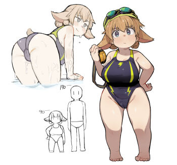 1boy 1girl animal_ear_fluff animal_ears ass bent_over blue_eyes blush breasts brown_hair cameltoe chibi double_bun dwarf ears_down geso_smith goggles goggles_on_head hair_bun height_chart height_difference highres large_breasts looking_at_viewer one-piece_swimsuit original partially_submerged shortstack simple_background smile swim_cap swimsuit thighs water wet white_background