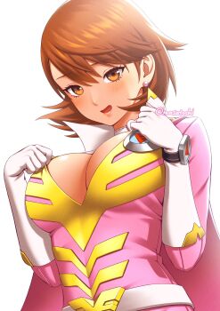 1girl blush bodysuit bracelet breasts brown_eyes brown_hair cape choker cleavage commentary_request earrings eyelashes flipped_hair gloves heart heart_choker highres jewelry large_breasts looking_at_viewer masatoshi_1219 official_alternate_costume open_mouth pearl_earrings persona persona_3 persona_4:_the_ultimate_in_mayonaka_arena persona_4:_the_ultimax_ultra_suplex_hold pink_bodysuit pink_cape pink_lips popped_collar short_hair solo stud_earrings takeba_yukari tight_clothes tokusatsu twitter_username undersized_clothes upper_body white_background white_choker white_gloves