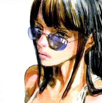 1girl black_hair blunt_bangs close-up closed_mouth long_hair looking_ahead nico_robin oda_eiichirou official_art one_piece pink_lips purple-tinted_eyewear simple_background solo sunglasses tank_top tinted_eyewear white_background white_tank_top