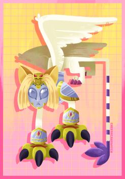 animal_hands armor blonde_hair bracelet breastplate cat_paws cheesecakewitch claws creature creature_focus digimon digimon_(creature) feathered_wings full_body gem geometry gloves grey_mask grid highres jewelry looking_at_viewer mask math nefertimon pauldrons paw_gloves red_gemstone short_hair shoulder_armor solo tail uraeus white_fur white_wings wings yellow_gloves