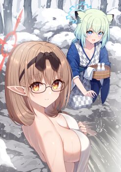 2girls animal_ears bath_yukata blue_archive blue_halo blush breasts chinatsu_(blue_archive) chinatsu_(hot_spring)_(blue_archive) cleavage closed_mouth glasses green_hair halo highres japanese_clothes kimono large_breasts light_brown_hair long_hair medium_breasts multiple_girls official_alternate_costume onsen open_mouth pointy_ears purple_eyes red-framed_eyewear red_halo rock shigure_(blue_archive) shigure_(hot_spring)_(blue_archive) short_hair t@ke-g tokkuri water weasel_ears yellow_eyes yukata