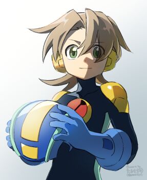 1boy blue_bodysuit blue_helmet bodysuit brown_hair commentary_request gradient_background green_eyes grey_background helmet highres holding holding_unworn_helmet hub_hikari_(mega_man) mega_man_(series) mega_man_battle_network_(series) megaman.exe netnavi petittlt short_hair simple_background solo unworn_headwear unworn_helmet