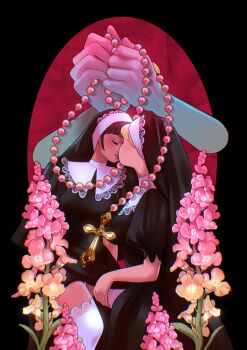 2girls black_background black_dress breasts brown_hair closed_eyes commentary couple cross disembodied_hand dress english_commentary flower highres imminent_kiss lanajay_art medium_breasts multiple_girls nun original oval pink_flower rosary short_hair simple_background thighhighs vest white_thighhighs white_vest yuri