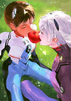 2boys apple blue_bodysuit bodysuit brown_hair closed_eyes commentary eyelashes food fruit ikari_shinji interface_headset_(evangelion) male_focus mecha_pilot_suit mouth_hold multiple_boys nagisa_kaworu neon_genesis_evangelion on_grass plugsuit_(evangelion) short_hair sitting skin_tight ssssenferda symbol-only_commentary white_hair