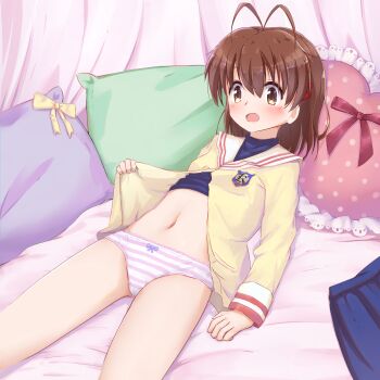 1girl absurdres antenna_hair blue_skirt bow bow_panties brown_eyes brown_hair clannad clothes_lift commentary crotch_seam emblem english_commentary furukawa_nagisa highres hikarizaka_private_high_school_uniform jacket loli lying on_bed open_mouth paid_reward_available panties petals pillow pink_panties pleated_skirt purple_bow sailor_collar school_uniform serafuku shirt_lift short_hair skirt sleeves_past_wrists solo striped_clothes striped_panties twintails_(mantids) underwear unworn_skirt white_panties white_sailor_collar