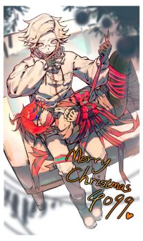 2boys absurdres ahoge anger_vein aotsuki_eito black_gloves black_pants black_streaks blue_eyes bound bound_arms bound_legs bow breast_pocket chinese_commentary christmas commentary_request couch gagged glasses gloves grey_eyes grey_hair grey_jacket highres holding holding_ribbon hood hoodie jacket jacket_over_hoodie ji_wei_jiu looking_at_another lying male_focus merry_christmas multicolored_hair multiple_boys on_back on_couch on_lap one_eye_closed pants pocket red_bow red_hair red_ribbon ribbon semi-rimless_eyewear short_hair sitting streaked_hair sumino_takumi sweatdrop the_hundred_line_-last_defense_academy- tied_up_(nonsexual) two-tone_hair white_hoodie white_jacket white_pants wide-eyed