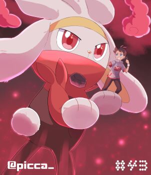 1boy antenna_hair artist_name blue_eyes clenched_hand clenched_teeth dynamax dynamax_band gen_8_pokemon giant gigantamax goh_(pokemon) hair_ornament hands_up highres looking_to_the_side male_focus mei_(maysroom) nintendo pants pokemon pokemon_(anime) pokemon_(creature) pokemon_journeys raboot short_sleeves side_slit smile standing teeth watermark