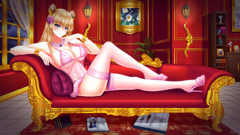 1girl absurdres action_figure bare_shoulders barefoot blonde_hair blush book bookshelf bra bracelet brayan_aguilar breasts c.c. carpet code_geass code_geass:_boukoku_no_akito couch curtains double_bun flower full_body hair_bun hair_flower hair_ornament hairpin high_heels highres hyuuga_akito indoors jewelry lantern large_breasts leg_up leila_malcal long_hair looking_at_viewer midriff multiple_hairpins navel necklace on_couch open_book picture_frame pillow plant purple_bra purple_eyes purple_flower purple_nails purple_shoes red_carpet red_flower see-through_clothes shelf shoes solo thighhighs underwear white_flower window zettai_ryouiki