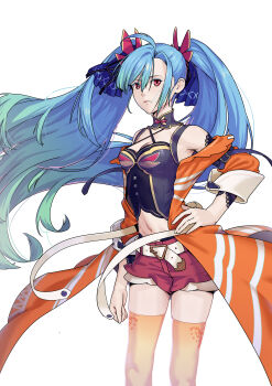 Rule 34 | 1girl, absurdres, az sainklaus, belt, black camisole, blue hair, breasts, camisole, cleavage, coat, colored eyelashes, colored tips, crop top, expressionless, feet out of frame, full body, gradient hair, green hair, hand on own hip, highres, long hair, long sleeves, looking at viewer, medium breasts, multicolored hair, navel, off-shoulder coat, off shoulder, orange coat, orange thighhighs, red eyes, red shorts, short shorts, shorts, solo, standing, super robot wars, super robot wars 30, thighhighs, twintails, two-tone hair, unknow093, very long hair, white belt