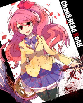 Rule 34 | 1girl, antenna hair, black thighhighs, blazer, blood, blue skirt, bow, bowtie, brown jacket, chaos;head, d-sword, dagger, dress shirt, holding, holding dagger, holding knife, holding sword, holding weapon, jacket, knife, long hair, mechi, one side up, open mouth, petticoat, pink eyes, pink hair, red trim, sakihata rimi, school uniform, science adventure, shirt, skirt, smile, solo, suimei academy school uniform, sword, teeth, thighhighs, upper teeth only, weapon, zettai ryouiki