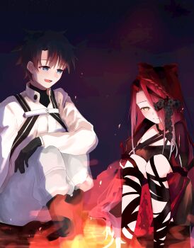 1boy 1girl absurdres black_boots black_bow black_dress black_gloves black_hair blue_eyes boots bow campfire commentary_request commission dress fate/grand_order fate_(series) fujimaru_ritsuka_(male) fujimaru_ritsuka_(male)_(decisive_battle_chaldea_uniform) gloves hair_over_one_eye highres long_hair night pants red_hair sitting skeb_commission sky smile typhon_ephemeros_(fate) typhon_ephemeros_(second_ascension)_(fate) umeboshi_disk yellow_eyes