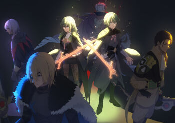 2girls 4boys armor ascot black_armor black_boots black_cape black_gloves black_hair black_shirt black_shorts blonde_hair blue_coat blue_eyes boots bow_(weapon) cape claude_von_riegan claude_von_riegan_(timeskip) coat dimitri_alexandre_blaiddyd dimitri_alexandre_blaiddyd_(timeskip) dual_persona edelgard_von_hresvelg edelgard_von_hresvelg_(timeskip) eyepatch female_byleth_(awakened)_(fire_emblem) female_byleth_(fire_emblem) fire_emblem fire_emblem:_three_houses fur-trimmed_coat fur_trim gloves green_hair holding holding_bow_(weapon) holding_sword holding_weapon long_sleeves male_byleth_(awakened)_(fire_emblem) male_byleth_(fire_emblem) mochizuki_sh multiple_boys multiple_girls nintendo pink_hair red_cape shirt shorts standing sword sword_of_the_creator weapon white_ascot white_hair yuri_leclerc yuri_leclerc_(timeskip)