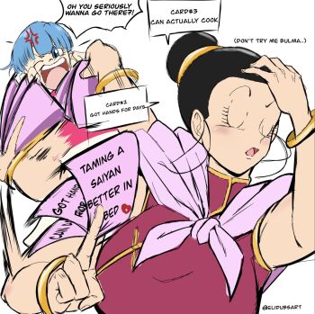 2girls adjusting_hair afterimage anger_vein artist_name black_hair blue_hair bulma chi-chi_(dragon_ball) chinese_clothes closed_eyes commentary dragon_ball dragon_ball_super dragonball_z duel english_commentary hand_in_own_hair hand_on_own_head highres hitting mature_female meme multiple_girls naoya_hitting_choso_without_looking_(meme) parody scene_reference simple_background susha_(elidubsart) white_background