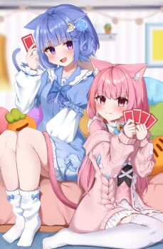 2girls :d absurdres ahoge animal_ear_fluff animal_ears blue_bow blue_hair bow card cat_ears cat_girl cat_tail cet_(hajisirazunoko) collarbone commentary_request crescent crescent_hair_ornament fang frills hair_ornament highres holding holding_card indie_virtual_youtuber kurageu_roa long_hair long_sleeves multiple_girls open_mouth pink_eyes pink_hair puffy_sleeves purple_eyes short_hair sitting skin_fang smile socks stuffed_toy tail thighhighs virtual_youtuber wariza white_socks white_thighhighs yuuki_sakuna