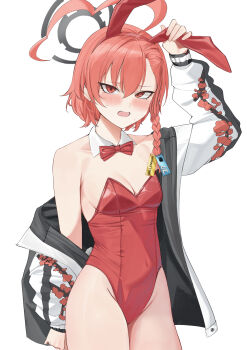 1girl absurdres ahoge animal_ear_hairband animal_ears black_halo blue_archive blush bow bowtie braid breasts detached_collar fake_animal_ears hair_between_eyes hairband halo highleg highleg_leotard highres huge_ahoge jacket leotard looking_at_viewer mole mole_under_each_eye mole_under_eye multiple_moles neru_(blue_archive) neru_(bunny)_(blue_archive) official_alternate_costume open_mouth playboy_bunny print_jacket rabbit_ear_hairband rabbit_ears red_bow red_bowtie red_eyes red_hairband red_leotard ref_(pmxt4483) short_hair small_breasts solo strapless strapless_leotard sukajan traditional_bowtie