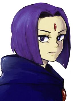 1girl animification bindi cape dc_comics female_focus forehead forehead_jewel looking_at_viewer purple_eyes purple_hair raven_(dc) serious short_hair solo teen_titans tsujii white_background