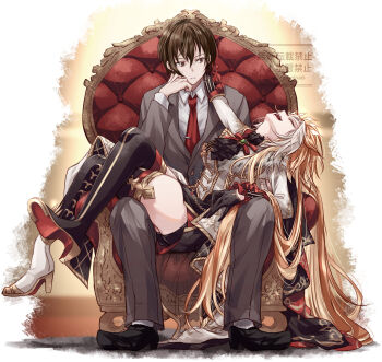 1boy 1girl ahoge animal_ears ascot asymmetrical_footwear black_ascot black_gloves black_thighhighs breasts brown_eyes brown_hair closed_eyes coat collared_shirt commentary_request ear_covers formal_clothes gem gloves green_gem grey_jacket grey_pants grey_suit highres horse_ears horse_girl horse_tail jacket large_breasts long_hair long_sleeves mismatched_footwear multicolored_hair necktie open_mouth orange_hair orfevre_(control)_(umamusume) orfevre_(umamusume) pants parted_lips red_necktie shirt sitting sitting_on_throne smile suit tail thighhighs thighs trainer_(umamusume) two-tone_hair umamusume white_coat white_hair white_shirt yue_(lov_n_n)