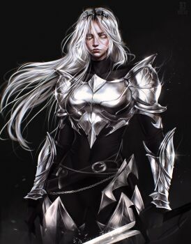 Rule 34 | 1girl, absurdres, aegyo sal, armor, belt, black bodysuit, bodysuit, breastplate, chain, clenched hand, commentary, cowboy shot, crown, diet.jay, floating hair, grey eyes, highres, holding, holding sword, holding weapon, long hair, looking at viewer, nephis (shadow slave), serious, shadow slave, shoulder armor, solo, sword, turtleneck, weapon, white hair, wind, wind lift