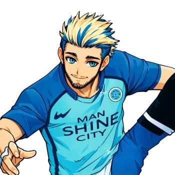 1boy artist_request beard blonde_hair blue_eyes blue_hair blue_lock blue_streaks driver_(blue_lock) facial_hair manshine_city_soccer_uniform multicolored_hair simple_background smile soccer_uniform solo source_request sportswear two-tone_hair white_background