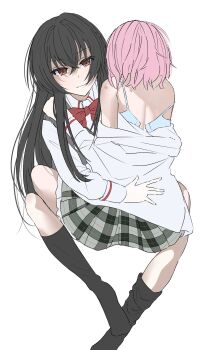 2girls 3yp5g absurdres amaori_renako between_legs black_hair black_socks blue_bra bow bowtie bra closed_mouth commentary_request grey_skirt hand_on_another&#039;s_waist hickey highres kneehighs koto_satsuki long_hair medium_hair multiple_girls pink_hair plaid_clothes plaid_skirt red_bow red_bowtie red_eyes shirt simple_background skirt smile socks underwear watashi_ga_koibito_ni_nareru_wake_naijan_murimuri! white_background white_shirt yuri