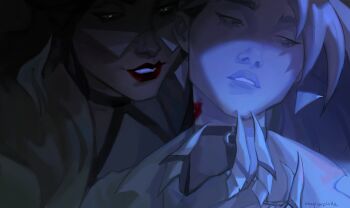 2girls absurdres aina_(mayexplode) akali demon_girl evelynn_(league_of_legends) evil_grin evil_smile glowing glowing_eyes grin highres k/da_all_out_akali k/da_all_out_evelynn league_of_legends lipstick_mark lipstick_mark_on_neck looking_at_another looking_down multiple_girls ponytail smile yellow_eyes yuri