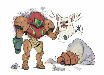 Rule 34 | 1girl, anger vein, arm cannon, armor, artist name, assault visor, bug, chibi, commentary request, full armor, green visor, little birdy, metroid, metroid: other m, nintendo, power armor, power suit (metroid), red eyes, samus aran, science fiction, simple background, varia suit, wakaba (wata ridley), weapon, white background, white fur, zero (metroid)