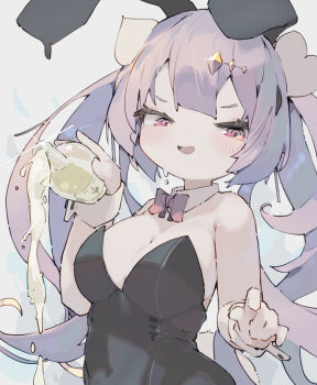 Rule 34 | 1girl, :d, absurdres, animal ears, bare shoulders, black leotard, blunt bangs, blush, bottle, breasts, cleavage, commentary, dated commentary, detached collar, highres, holding, holding bottle, large breasts, leotard, long hair, looking at viewer, nep (nep 76), open mouth, original, pink eyes, playboy bunny, purple hair, rabbit ears, simple background, smile, solo, strapless, strapless leotard, twintails, upper body, white background, wrist cuffs