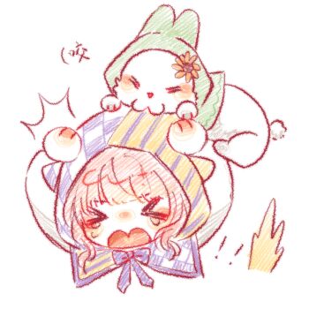 ! !! &gt;_&lt; 1girl ^^^ animal animal_ears argyle_cloak argyle_clothes blunt_bangs cat_ears cat_girl cat_tail chibi chinese_commentary cloak clothed_animal commentary_request cropped_torso ear_covers flower green_cloak hands_on_own_head highres hood hood_up hooded_cloak infinity_nikki kemonomimi_mode large_variant_set light_blush long_sleeves momo_(nikki) nikki_(nikki) nikki_(series) open_mouth pink_cloak pink_hair purple_cloak shiguangbulao277 shirt short_hair sidelocks simple_background striped_cloak striped_clothes sunflower tail tail_raised tearing_up two-tone_cloak variant_set wavy_hair white_background white_rabbit_(animal) white_shirt yellow_cloak yellow_flower