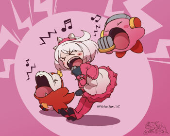 ahoge chibi closed_eyes colored_skin crocodile crocodilian cropped_jacket crossover dress elphelt_valentine fuecoco full_body guilty_gear guilty_gear_strive jacket kirby kirby_(series) musical_note nintendo open_mouth pink_jacket pink_skin pokemon pokemon_(creature) red_skin screaming short_hair trait_connection twitter_username white_dress yotastar