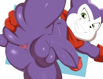 anal anus ass bandana blue_background colored_skin deep_skin furry gloves grabbing_own_ass green_eyes grin hand_on_own_ass highres huge_ass impmon jerseydevil kerchief large_penis large_testicles non-web_source penis presenting presenting_anus purple_penis purple_skin red_bandana red_gloves red_kerchief smile solo spread_ass tail teeth testicles thick_thighs thighs