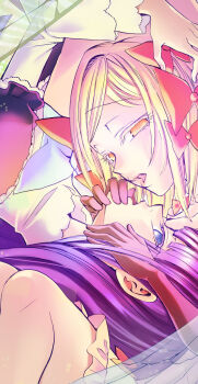 2girls blonde_hair frederica_bernkastel gloves hat highres holding_person lambdadelta looking_at_viewer multiple_girls natsumi_kei umineko_no_naku_koro_ni witch witch_hat yuri