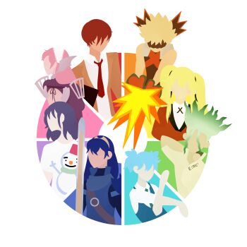 4boys 4girls absurdres ansatsu_kyoushitsu bakugou_katsuki blonde_hair blue_hair boku_no_hero_academia brown_hair cherche_(fire_emblem) chihayafuru color_wheel_challenge death_note dr._stone explosion faceless fire_emblem green_hair hand_up highres inthelittlegenny ishigami_senkuu kakegurui long_hair lucina_(fire_emblem) multiple_boys multiple_drawing_challenge multiple_girls nintendo pink_hair saotome_mary shiota_nagisa snowman snowmaru stretching sword twintails wakamiya_shinobu weapon yagami_light