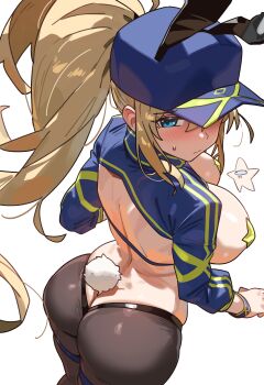 1girl absurdres ahoge animal_ears artoria_pendragon_(fate) ass back baseball_cap blonde_hair blue_eyes blue_hat blue_shrug blush breasts brown_hiphighs butt_crack ebora fake_animal_ears fake_tail fate/grand_order fate_(series) hat highres hiphighs large_breasts long_hair long_sleeves looking_at_viewer looking_back mysterious_heroine_xx_(fate) pasties ponytail rabbit_ears rabbit_tail reverse_bunnysuit reverse_outfit shrug_(clothing) sidelocks star_(symbol) star_pasties tail thighs wristband