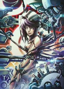 1girl android breasts cable completely_nude cyberpunk cyborg flare ghost_in_the_shell ghost_in_the_shell:_sac_2045 ghost_in_the_shell:_stand_alone_complex highres humanoid_robot kazuo_miyahara_(kazzmiya) kusanagi_motoko large_breasts lens_flare machine machinery mechanical_arms mechanical_legs non-web_source nude purple_hair red_background robot robot_girl science_fiction short_hair short_hair_with_long_locks solo standing technology toned toned_female