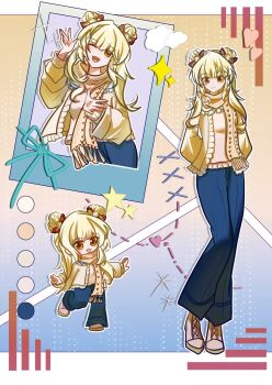 Rule 34 | 1girl, arms behind back, blonde hair, blue background, blue pants, boots, border, bow, brown eyes, cardigan, chibi, chinese commentary, closed mouth, cloud, color guide, commentary request, denim, double bun, fringe trim, gradient background, hair bow, hair bun, hair ornament, halftone, halftone background, happy, heart, high heel boots, high heels, highres, infinity nikki, jeans, lace-up boots, letterboxed, long hair, long sleeves, multiple views, nikki (series), one eye closed, open cardigan, open clothes, outline, outside border, pants, photo (object), pom pom (clothes), pom pom hair ornament, puffy long sleeves, puffy sleeves, red bow, scarf, silverlining (chuanyayanian), single stripe, smile, sparkle, striped bow, stylist (nikki), two-tone background, white boots, white border, white outline, yellow background, yellow cardigan, yellow scarf