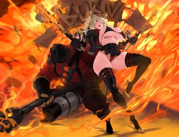 Rule 34 | 1girl, 1other, :d, absurdres, bandolier, belt, bikini, black-framed eyewear, black belt, black bikini, black boots, black gloves, black jacket, black skirt, blonde hair, blush, boots, breasts, burnice white, commentary request, covered erect nipples, cropped jacket, explosion, eyewear on head, fingerless gloves, fire, flame print, flamethrower, gas mask, gloves, grdrawww, hair between eyes, hair ornament, high heels, highres, holding, holding flamethrower, holding weapon, jacket, jumpsuit, large breasts, legs apart, looking at viewer, mask, microskirt, open clothes, open jacket, open mouth, orange-tinted eyewear, pleated skirt, pyro (tf2), red eyes, red jumpsuit, red pyro (tf2), skindentation, skirt, smile, spiked belt, spiked jacket, standing, standing on one leg, stiletto heels, sunglasses, swimsuit, team fortress 2, tinted eyewear, underboob, weapon, zenless zone zero