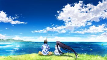 1boy 1girl black_hair blue_dress blue_shirt blue_sky brown_shorts cloud day dress fishing fishing_rod floating_hair from_behind game_cg grass grisaia_(series) grisaia_no_rakuen hawaiian_shirt holding holding_fishing_rod horizon kazami_yuuji leaf long_hair non-web_source ocean official_art on_grass outdoors rope_belt sakaki_yumiko scenery shirt short_hair short_sleeves shorts sitting sky very_long_hair watanabe_akio water wide_shot wind