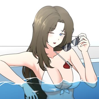 Rule 34 | 1girl, bikini, blue eyes, blush, breasts, brown hair, commentary request, glass, heart, heart tattoo, highres, korean commentary, large breasts, limbus company, long hair, one eye closed, open mouth, partially submerged, pool, project moon, rodion (project moon), simple background, smile, sunglasses, swimsuit, tattoo, unworn eyewear, upper body, warw2ck, water, white background, white bikini