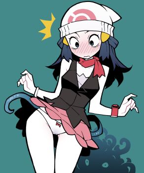 1girl akableak beanie black_eyes blue_background blush bow bow_panties breasts closed_eyes clothes_lift constricted_pupils dawn_(pokemon) gen_4_pokemon hat highres long_hair miniskirt nintendo nose_blush panties pink_skirt pokemon pokemon_(creature) pokemon_dppt scarf simple_background skirt skirt_lift small_breasts tangrowth tentacles underwear white_hat white_panties