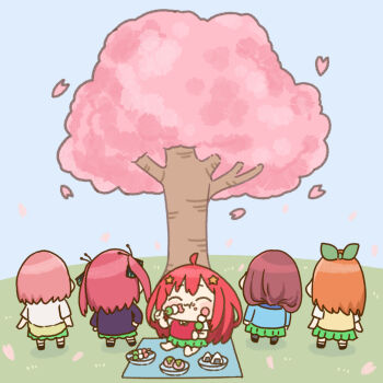 Rule 34 | 5girls, :t, akino ell, black shoes, blue sky, blue sweater, brown hair, chibi, closed eyes, closed mouth, commentary request, dango, day, eating, food, food on face, go-toubun no hanayome, green skirt, grey pantyhose, hair ornament, hanami, holding, holding food, jacket, long hair, mochi, multiple girls, nakano ichika, nakano itsuki, nakano miku, nakano nino, nakano yotsuba, onigiri, orange hair, outdoors, pantyhose, petals, pink hair, pleated skirt, purple hair, purple jacket, red hair, sakura mochi, sanshoku dango, shirt, shoes, short sleeves, skirt, sky, socks, standing, star (symbol), star hair ornament, sweater, sweater vest, tree, two side up, very long hair, wagashi, wavy mouth, white shirt, white socks