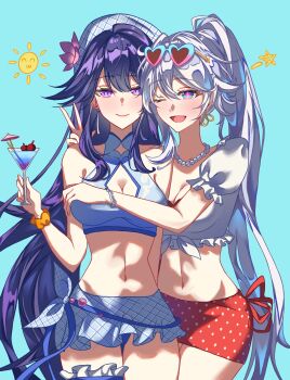 2girls bikini bikini_skirt blue_bikini blue_eyes blue_sky breasts cleavage cocktail_glass commentary cup drinking_glass elysium1nyou english_commentary eyewear_on_head heart heart-shaped_eyewear high_ponytail highres holding holding_cup honkai_(series) honkai_impact_3rd kiana_kaslana kiana_kaslana_(ba-dum!_fiery_wishing_star) large_breasts long_hair looking_at_viewer midriff multiple_girls navel official_alternate_costume polka_dot polka_dot_skirt ponytail purple_eyes purple_hair raiden_mei red_skirt shirt skirt sky smile sun sunglasses swimsuit tied_shirt v very_long_hair white_hair white_shirt yuri