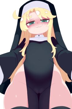 1girl :3 ahoge black_dress black_hat black_thighhighs blonde_hair blush cameltoe cross cross_print dress flat_chest from_below green_eyes hat himesaka_noa kukuchi581 long_hair long_sleeves looking_at_viewer looking_down mesugaki no_panties nun print_dress side_slit smile standing thighhighs watashi_ni_tenshi_ga_maiorita! white_background wide_hips wide_sleeves