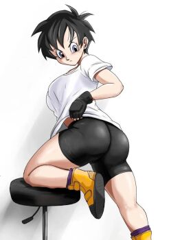 1girl artist_request ass bad_id bad_reddit_id black_gloves black_hair black_shorts breasts demon_horns dragonball_z female_focus fingerless_gloves gloves horns huge_ass large_breasts shirt shoes short_hair shorts solo videl white_shirt