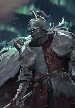 Rule 34 | 1boy, absurdres, armor, aurora, banished knight, bevor, burgonet, cape, chinese commentary, commentary request, elden ring, fur cape, gauntlets, gorget, hat ornament, helm, helmet, highres, holding, holding sword, holding weapon, night, pauldrons, peach21, shoulder armor, sky, solo, surcoat, sword, weapon