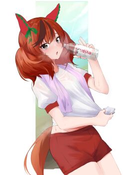 1girl absurdres animal_ears bottle brown_hair commentary_request ear_covers gym_shirt gym_shorts highres holding holding_bottle horse_ears horse_girl horse_tail long_hair looking_at_viewer multicolored_hair nice_nature_(umamusume) open_mouth plastic_bottle puffy_short_sleeves puffy_sleeves red_shorts sabatakeru_(days_18) shirt short_sleeves shorts simple_background solo streaked_hair sweat tail thighs tracen_training_uniform twintails umamusume very_sweaty water_bottle wet wet_clothes wet_shirt white_shirt