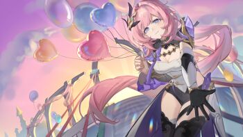 1girl balloon black_footwear black_gloves black_shorts blue_eyes breasts chinese_commentary cleavage commentary_request corset elf elysia_(honkai_impact) elysia_(miss_pink_elf)_(honkai_impact) from_below gloves gradient_sky heart_balloon highres holding holding_balloon honkai_(series) honkai_impact_3rd long_hair looking_at_viewer medium_breasts pink_hair pointy_ears procreate_(medium) reaching reaching_towards_viewer seawave02974 short_shorts shorts single_glove sky solo thighhighs thighs white_corset zettai_ryouiki