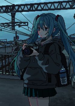 1girl aqua_hair backpack bag camera cowboy_shot grey_hoodie hatsune_miku holding holding_camera hood hood_down hoodie long_hair long_sleeves miniskirt nanami_yuki_(yuki77mi) outdoors pleated_skirt skirt solo standing twintails vocaloid